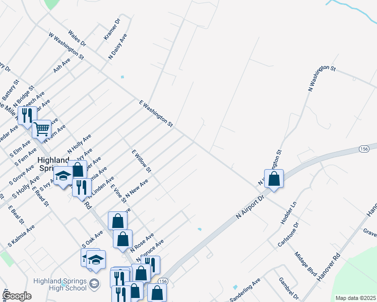 map of restaurants, bars, coffee shops, grocery stores, and more near 243 North New Avenue in Highland Springs