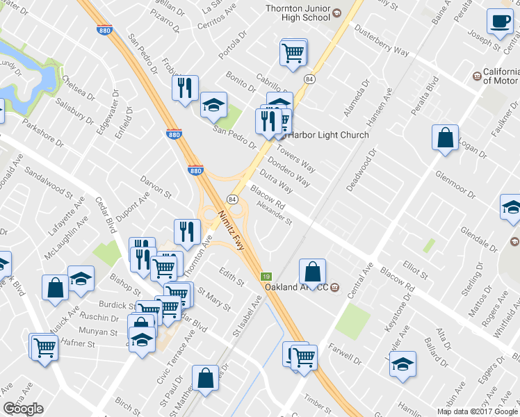 map of restaurants, bars, coffee shops, grocery stores, and more near 37114 Alexander Street in Fremont
