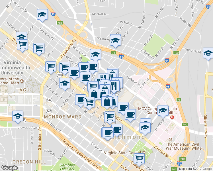 map of restaurants, bars, coffee shops, grocery stores, and more near 112 East Clay Street in Richmond