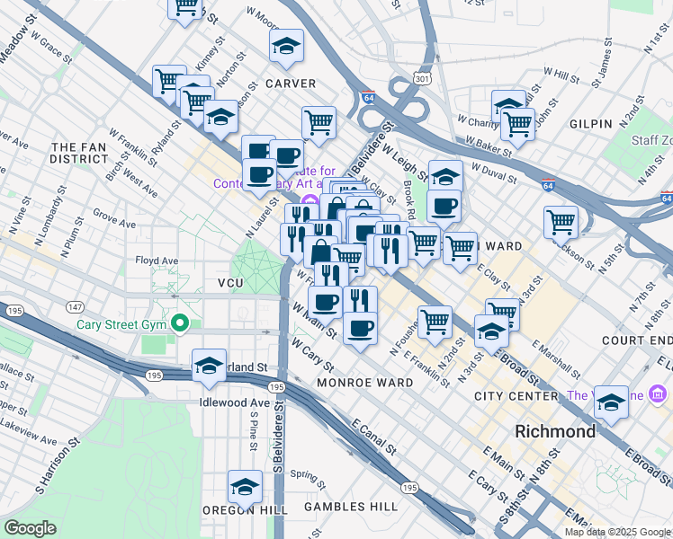 map of restaurants, bars, coffee shops, grocery stores, and more near 321 West Grace Street in Richmond