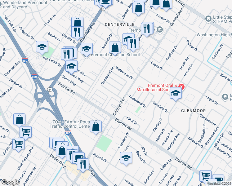 map of restaurants, bars, coffee shops, grocery stores, and more near 37488 Southwood Drive in Fremont