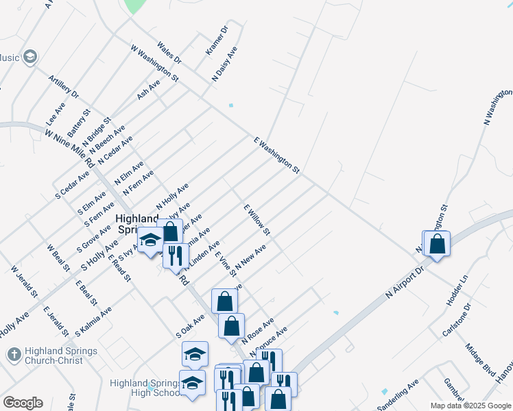 map of restaurants, bars, coffee shops, grocery stores, and more near 204 North Linden Avenue in Highland Springs