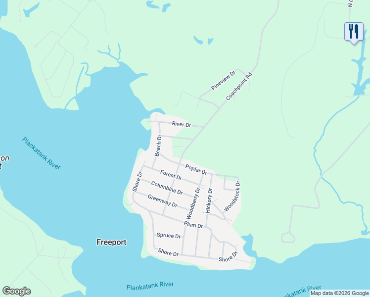 map of restaurants, bars, coffee shops, grocery stores, and more near 1121 Coachpoint Road in Hartfield