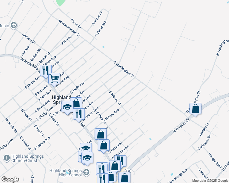 map of restaurants, bars, coffee shops, grocery stores, and more near 204 North Linden Avenue in Highland Springs