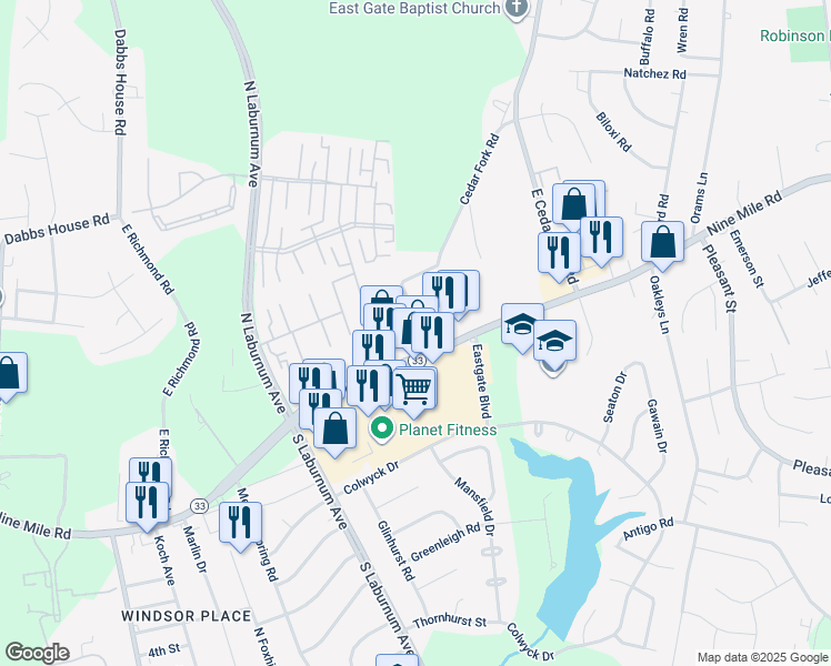 map of restaurants, bars, coffee shops, grocery stores, and more near 110 Cedar Fork Road in Richmond