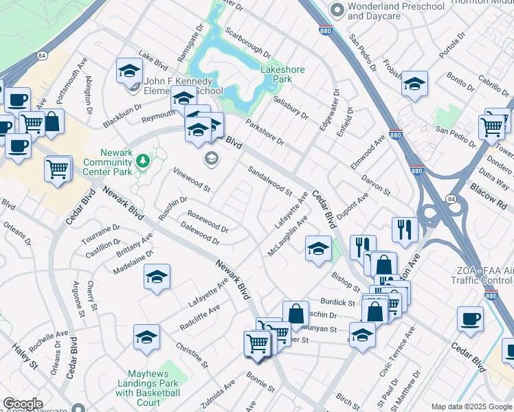map of restaurants, bars, coffee shops, grocery stores, and more near 5491 Fernwood Drive in Newark