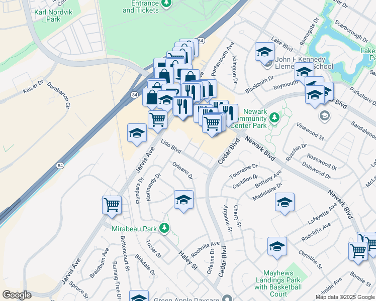 map of restaurants, bars, coffee shops, grocery stores, and more near 35175 Lido Boulevard in Newark