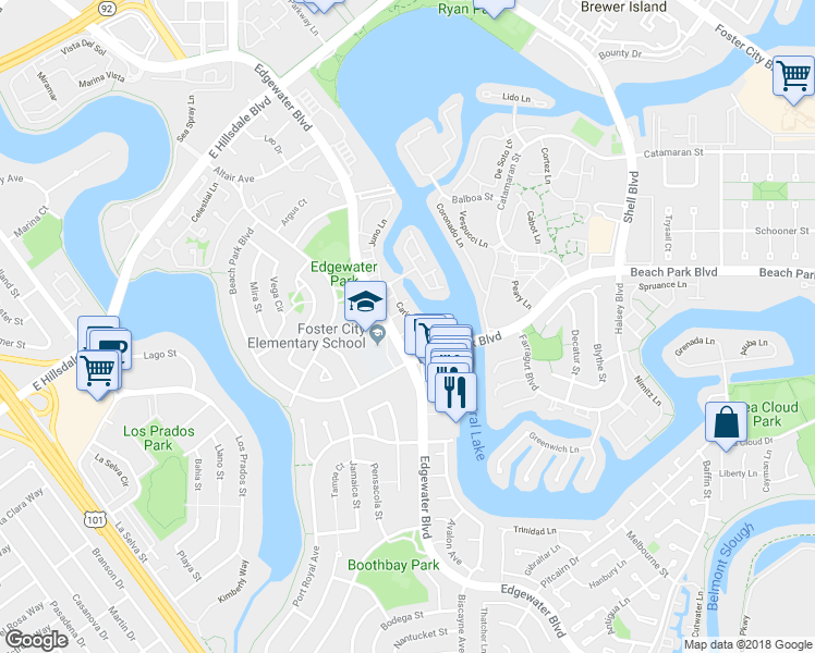 map of restaurants, bars, coffee shops, grocery stores, and more near 870 Ursa Lane in Foster City