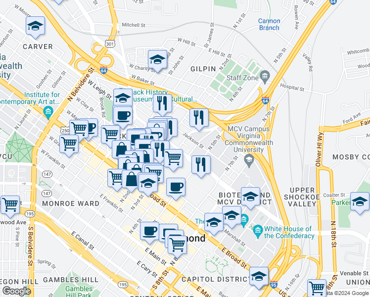 map of restaurants, bars, coffee shops, grocery stores, and more near 600 North 4th Street in Richmond