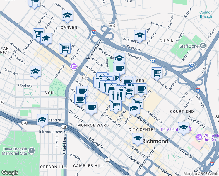 map of restaurants, bars, coffee shops, grocery stores, and more near 11 West Marshall Street in Richmond