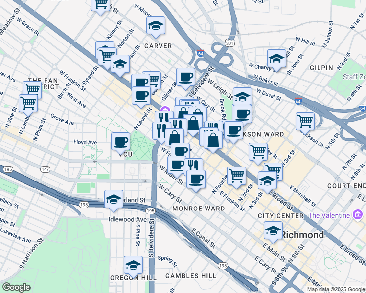 map of restaurants, bars, coffee shops, grocery stores, and more near 321 West Grace Street in Richmond