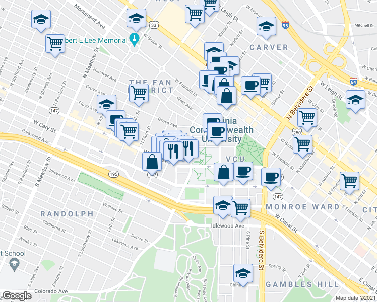 map of restaurants, bars, coffee shops, grocery stores, and more near 14 North Harrison Street in Richmond
