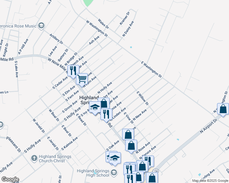 map of restaurants, bars, coffee shops, grocery stores, and more near 107 North Ivy Avenue in Henrico