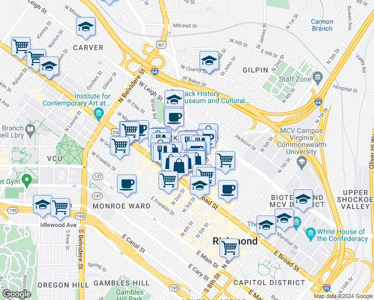 map of restaurants, bars, coffee shops, grocery stores, and more near 9 East Clay Street in Richmond