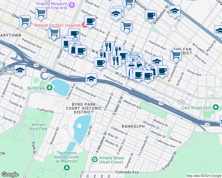 map of restaurants, bars, coffee shops, grocery stores, and more near 2100 Idlewood Avenue in Richmond