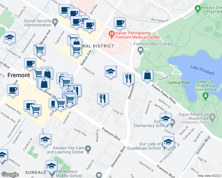map of restaurants, bars, coffee shops, grocery stores, and more near 3454 Dayton Common in Fremont