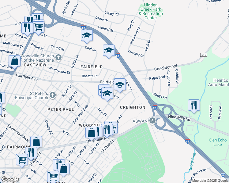 map of restaurants, bars, coffee shops, grocery stores, and more near 2104 North 28th Street in Richmond