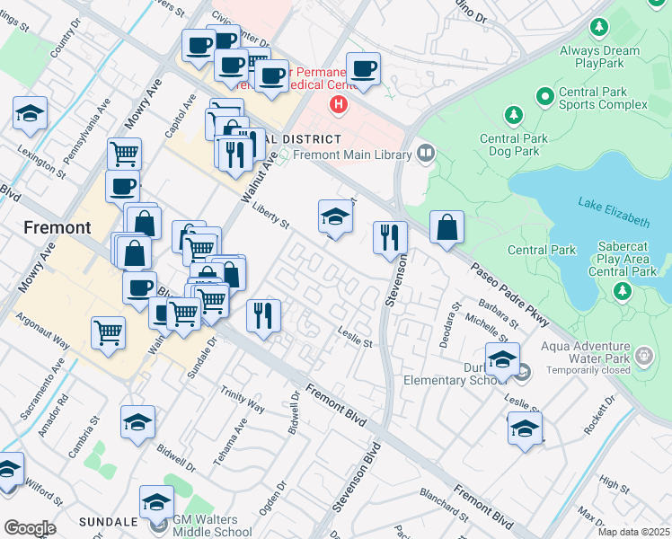 map of restaurants, bars, coffee shops, grocery stores, and more near 3454 Dayton Common in Fremont