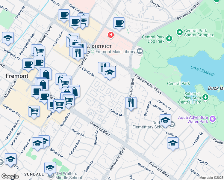 map of restaurants, bars, coffee shops, grocery stores, and more near 3585 Dayton Common in Fremont