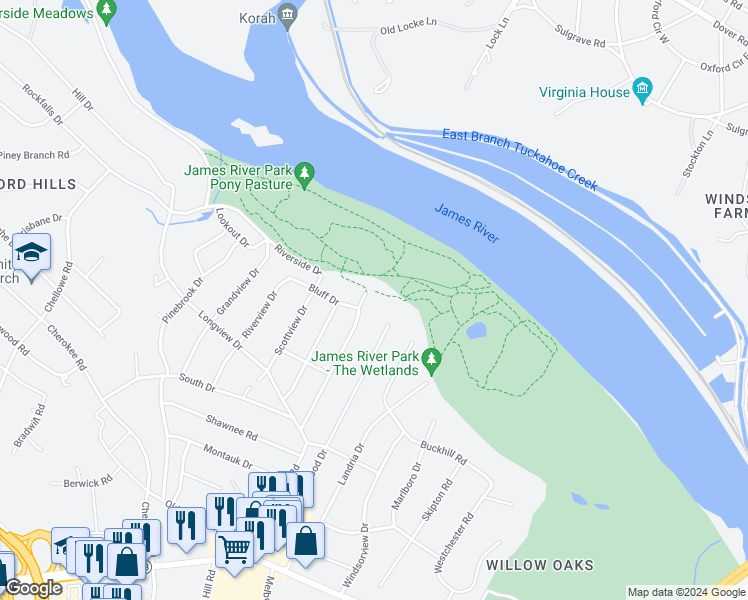 map of restaurants, bars, coffee shops, grocery stores, and more near 3515 Warner Road in Richmond