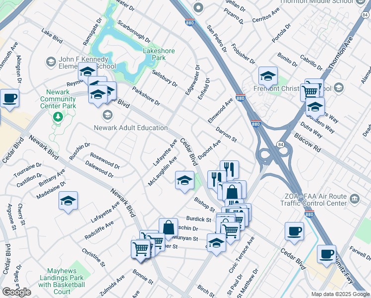 map of restaurants, bars, coffee shops, grocery stores, and more near 36391 Cedar Boulevard in Newark