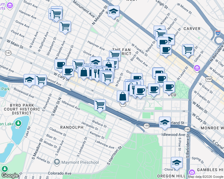 map of restaurants, bars, coffee shops, grocery stores, and more near 20 South Plum Street in Richmond
