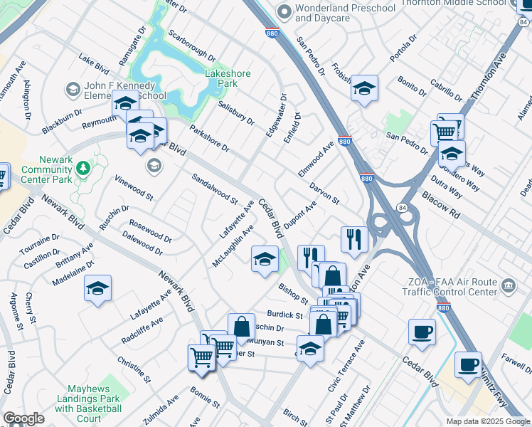 map of restaurants, bars, coffee shops, grocery stores, and more near 36391 Cedar Boulevard in Newark