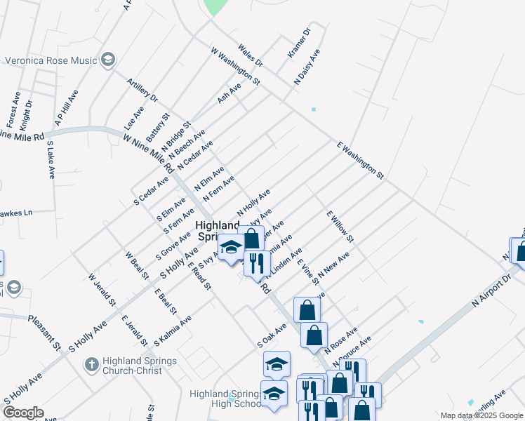 map of restaurants, bars, coffee shops, grocery stores, and more near 100 North Ivy Avenue in Henrico