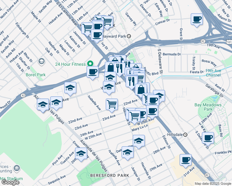 map of restaurants, bars, coffee shops, grocery stores, and more near 55 West 20th Avenue in San Mateo