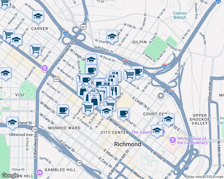 map of restaurants, bars, coffee shops, grocery stores, and more near 516 North 2nd Street in Richmond