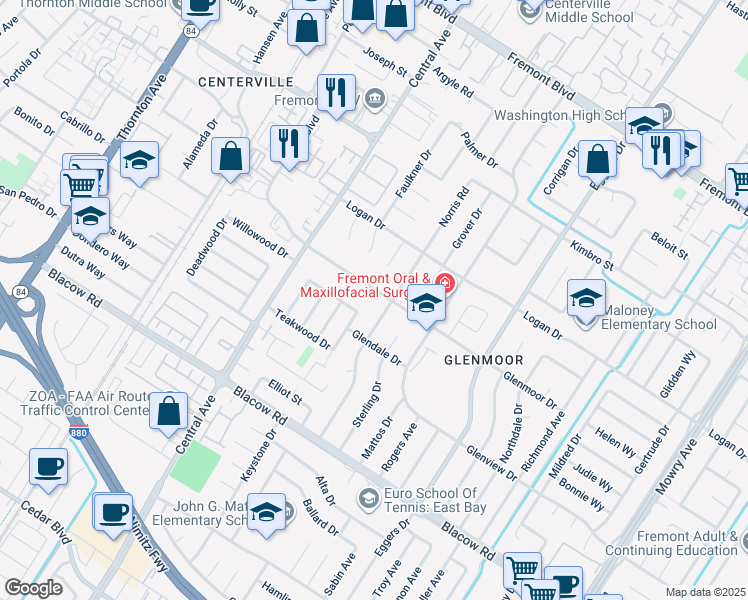 map of restaurants, bars, coffee shops, grocery stores, and more near 37923 Glenmoor Drive in Fremont