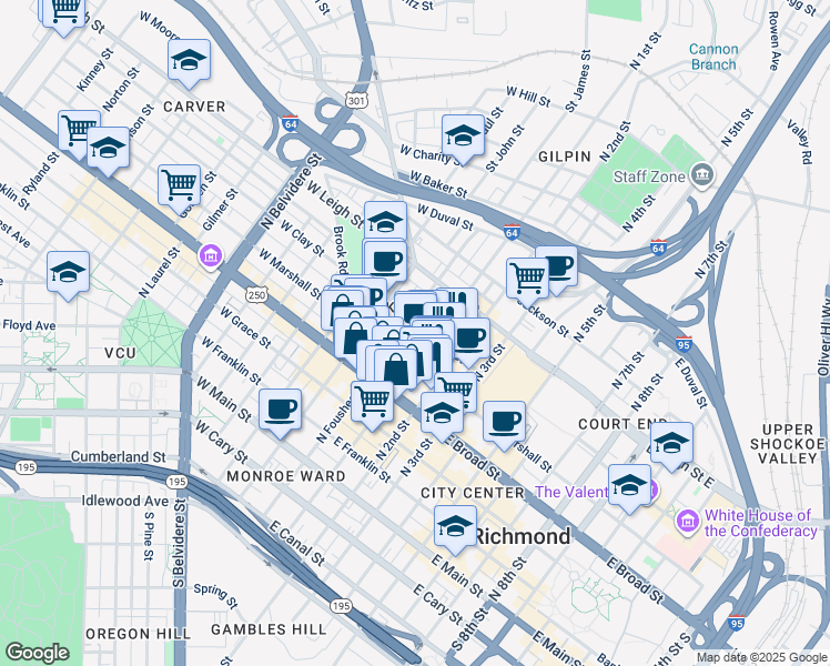 map of restaurants, bars, coffee shops, grocery stores, and more near 9 East Clay Street in Richmond