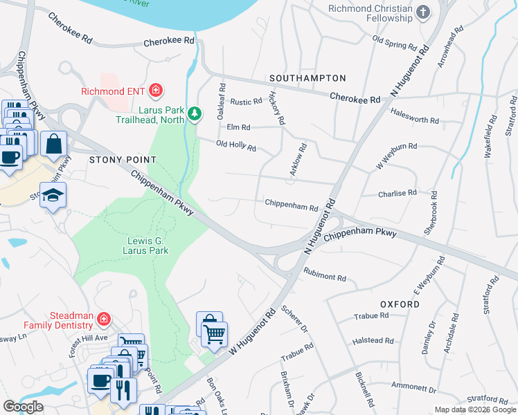 map of restaurants, bars, coffee shops, grocery stores, and more near 8710 Arran Road in Richmond