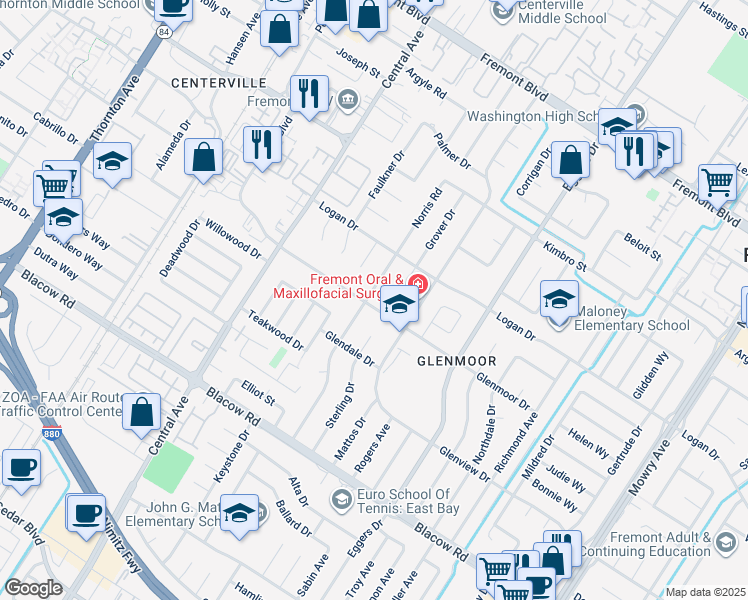 map of restaurants, bars, coffee shops, grocery stores, and more near 4586 Norris Road in Fremont
