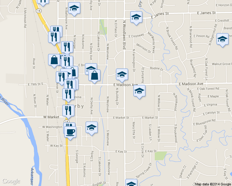 map of restaurants, bars, coffee shops, grocery stores, and more near 715 East Madison Avenue in Derby