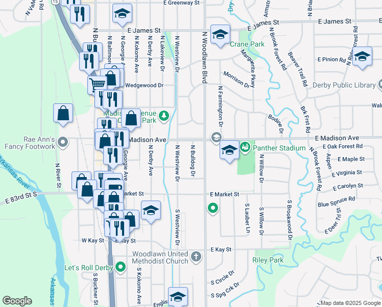 map of restaurants, bars, coffee shops, grocery stores, and more near 715 East Madison Avenue in Derby