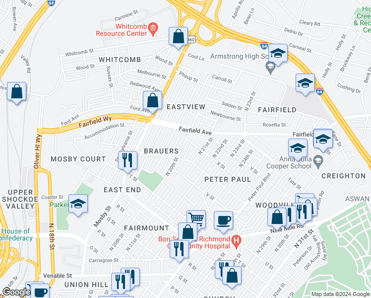 map of restaurants, bars, coffee shops, grocery stores, and more near 1713 North 20th Street in Richmond