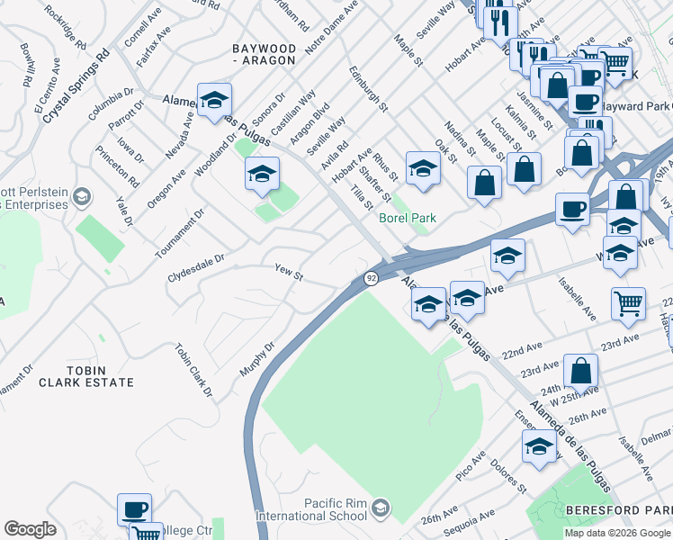 map of restaurants, bars, coffee shops, grocery stores, and more near 641 Caribbean Way in San Mateo