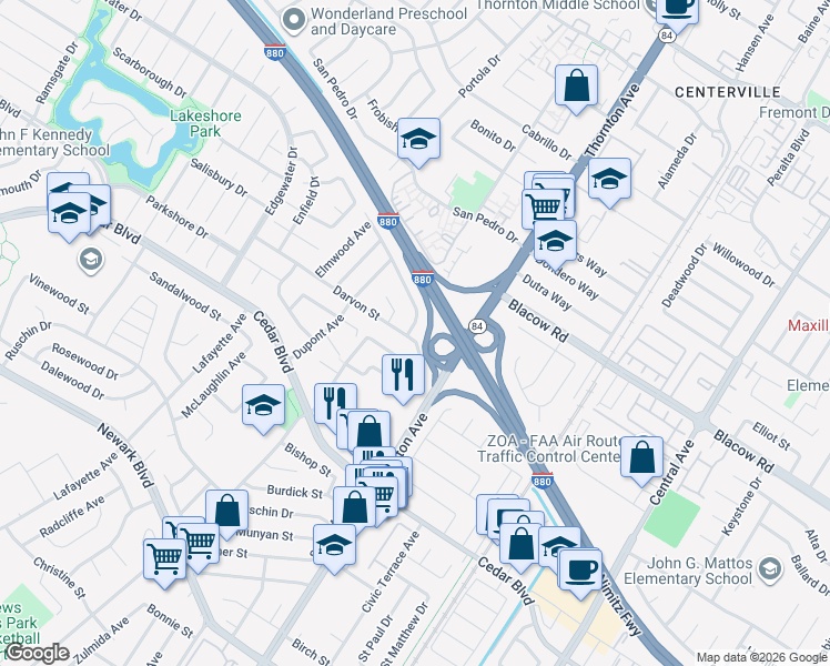 map of restaurants, bars, coffee shops, grocery stores, and more near 36810 Darvon Street in Newark