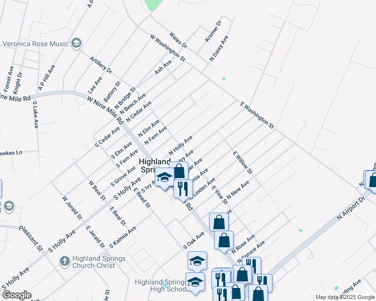 map of restaurants, bars, coffee shops, grocery stores, and more near 100 North Ivy Avenue in Henrico