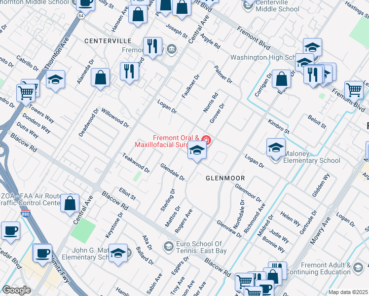 map of restaurants, bars, coffee shops, grocery stores, and more near 4586 Norris Road in Fremont