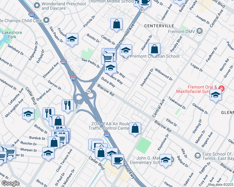 map of restaurants, bars, coffee shops, grocery stores, and more near 37209 Alexander Street in Fremont