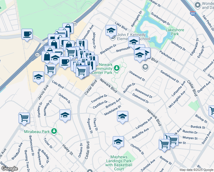map of restaurants, bars, coffee shops, grocery stores, and more near 6067 Tourraine Drive in Newark