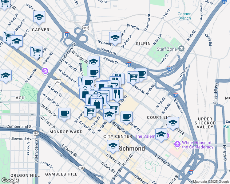 map of restaurants, bars, coffee shops, grocery stores, and more near 107 East Clay Street in Richmond