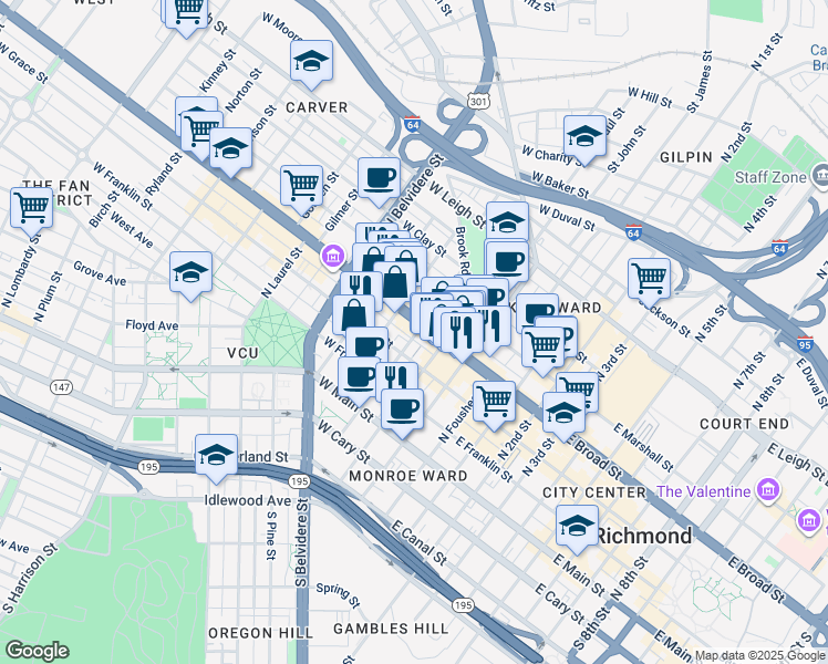 map of restaurants, bars, coffee shops, grocery stores, and more near 200 West Grace Street in Richmond