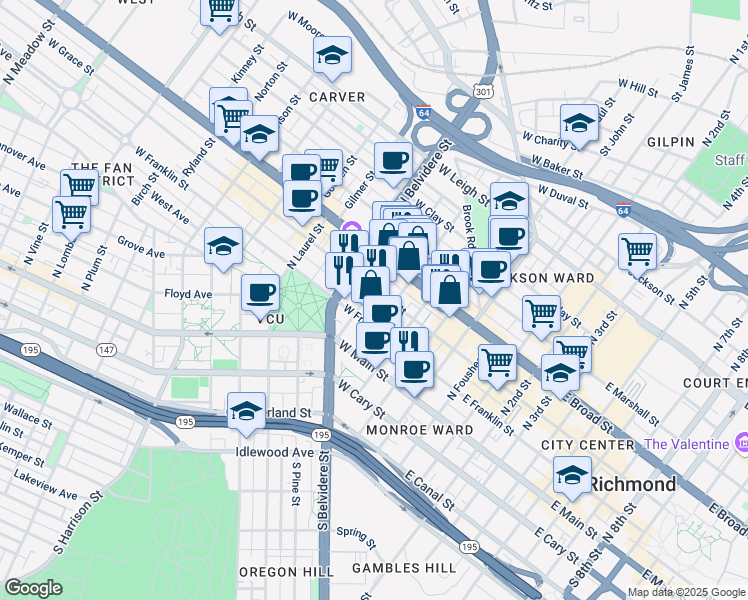 map of restaurants, bars, coffee shops, grocery stores, and more near 321 West Grace Street in Richmond