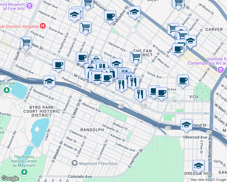 map of restaurants, bars, coffee shops, grocery stores, and more near in Richmond
