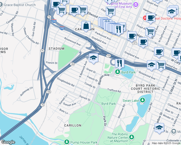 map of restaurants, bars, coffee shops, grocery stores, and more near 3002 French Street in Richmond