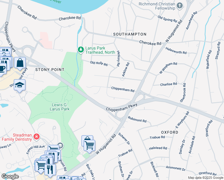 map of restaurants, bars, coffee shops, grocery stores, and more near 8717 Chippenham Road in Richmond