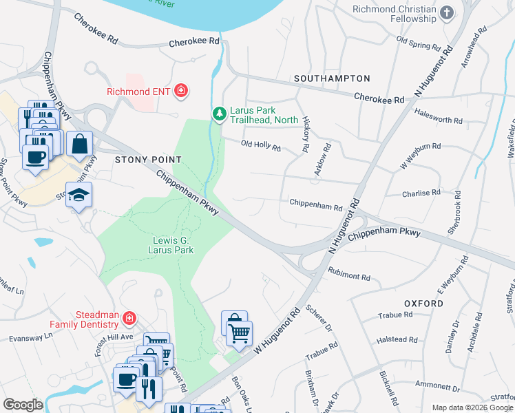 map of restaurants, bars, coffee shops, grocery stores, and more near 3611 Tanby Road in Richmond